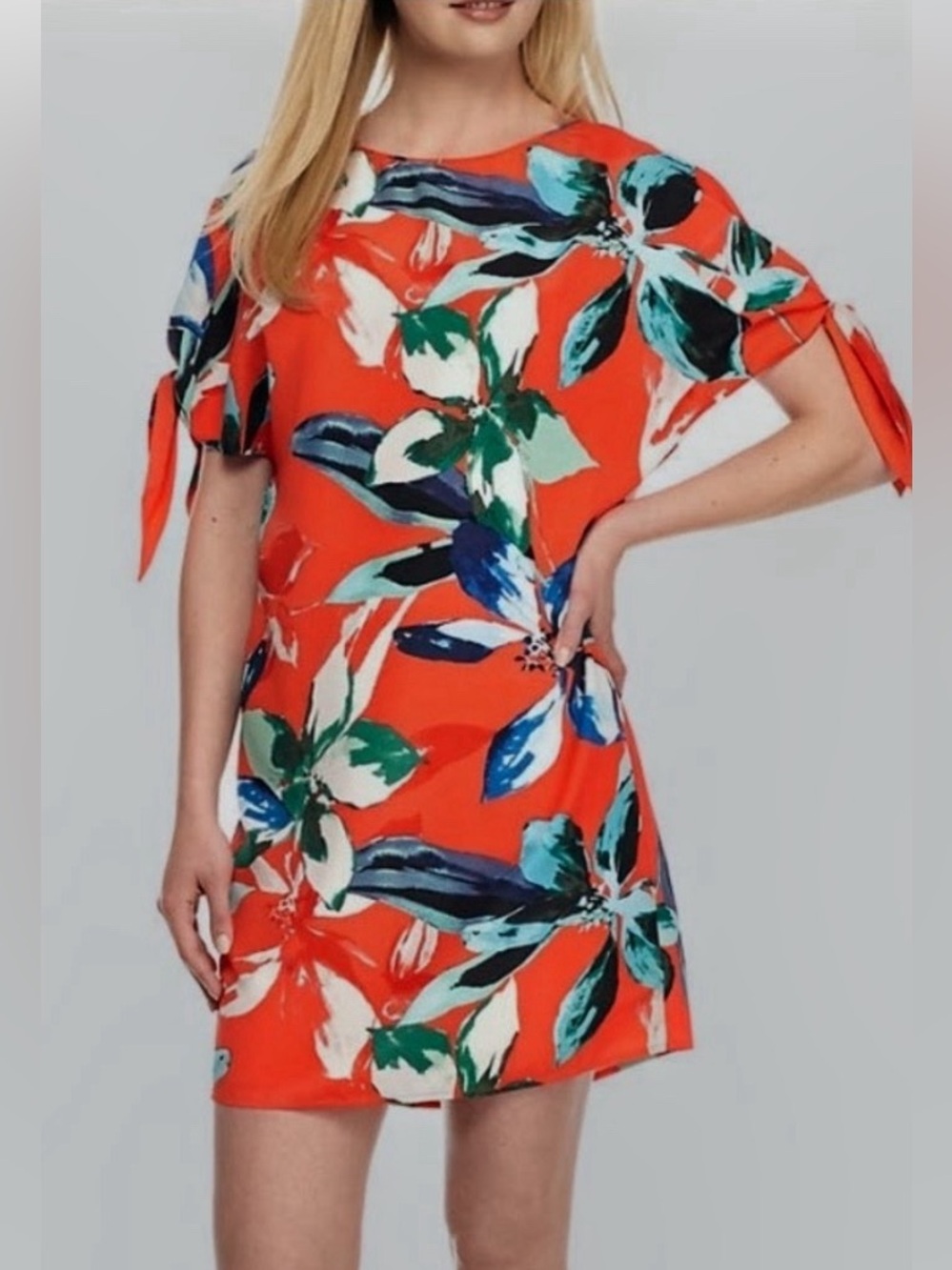 Vince Camuto, Tropical Print in Bright Orange Blue and Green Shift Dress